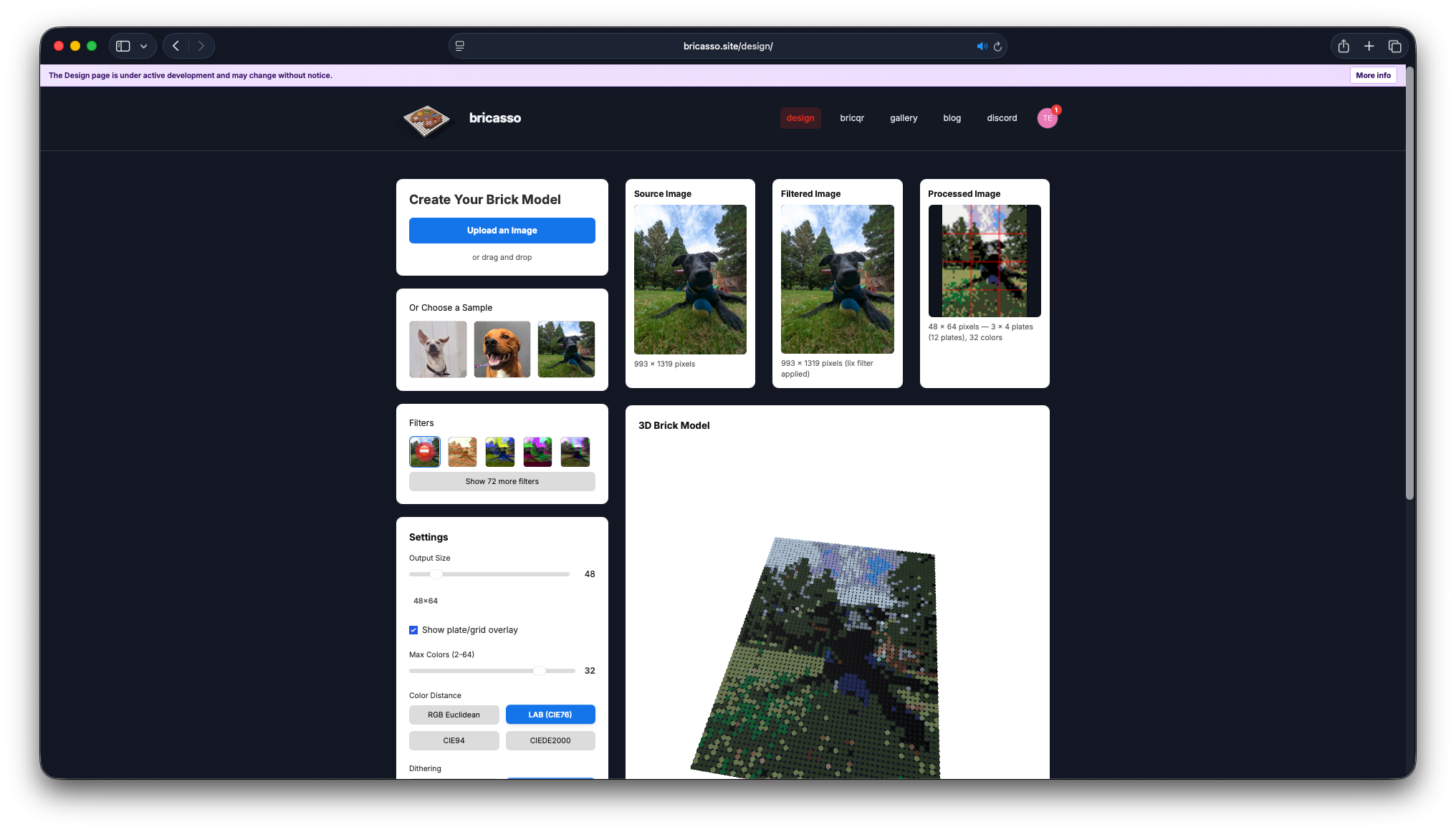 Bricasso design studio — filters, settings, live 3D brick model
