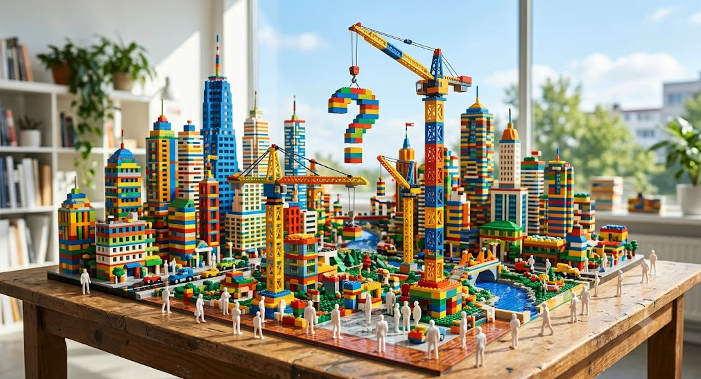A plastic-brick city under construction, cranes lifting a giant brick-built question mark above the skyline