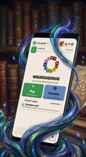 Wourdoboros promotional art — the game on a phone wrapped in a magical ribbon