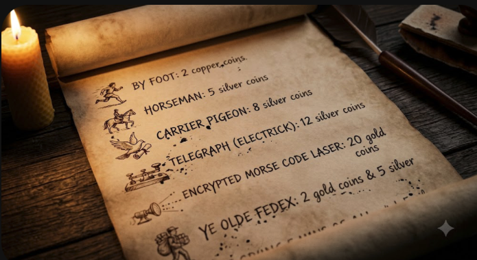 Ye Olde Comms delivery-rate scroll — a candlelit parchment listing courier costs from foot messenger to encrypted morse-code laser